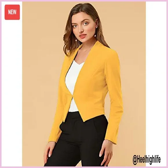 Cropped Blazer Collarless Business Casual Stretch Fabric Work Office